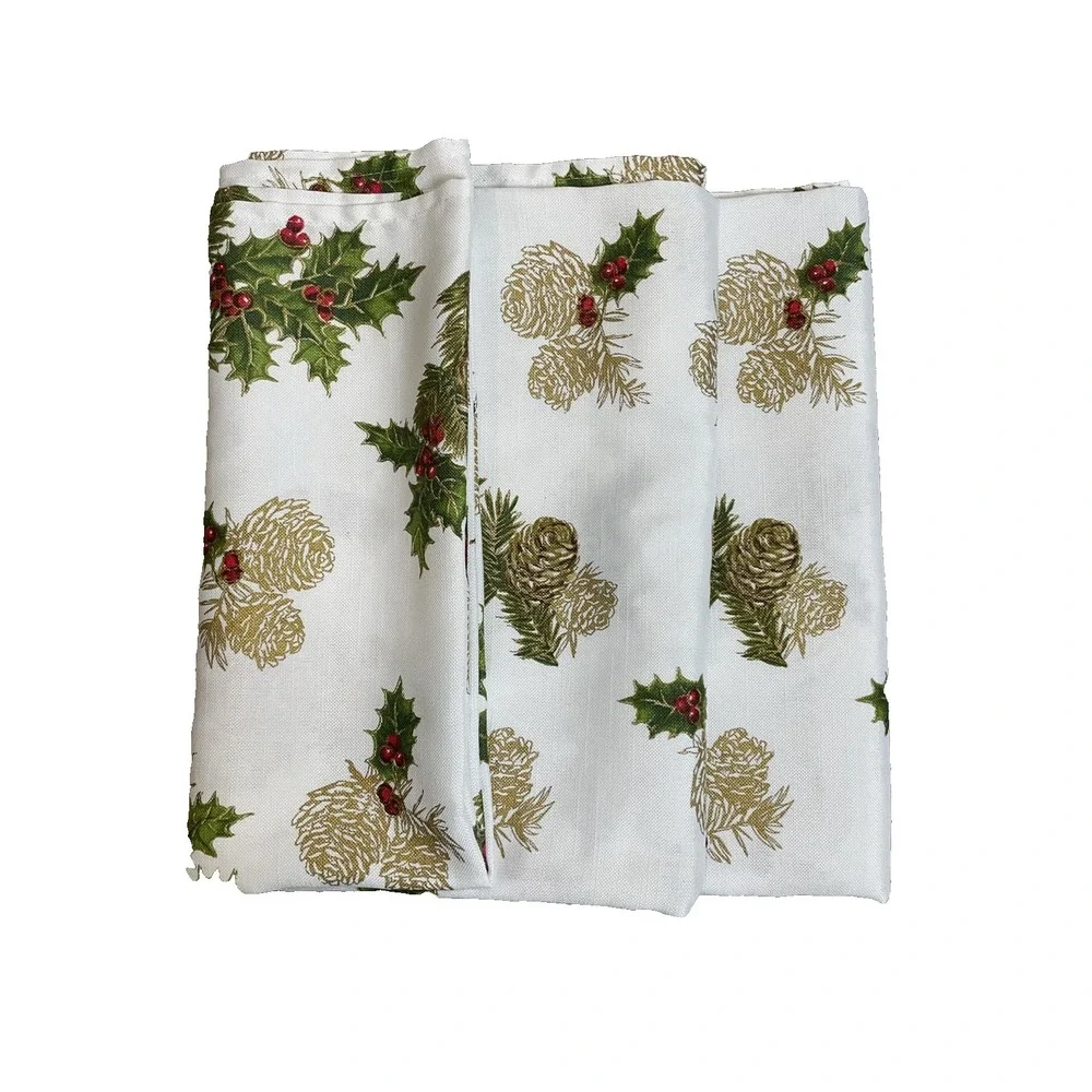 Lennox Holiday Christmas Rectangle Tablecloth Holly Berries Gold Pinecone 60x100